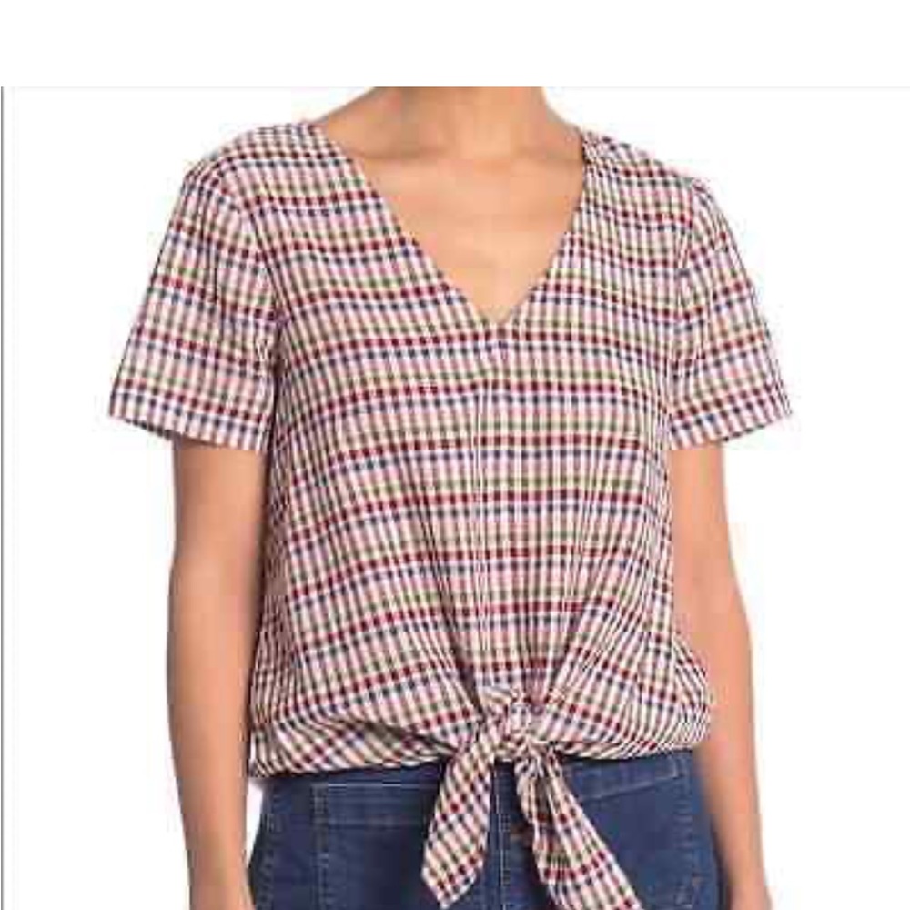 Madewell Tie-Front Top in Rainbow Gingham Check XS